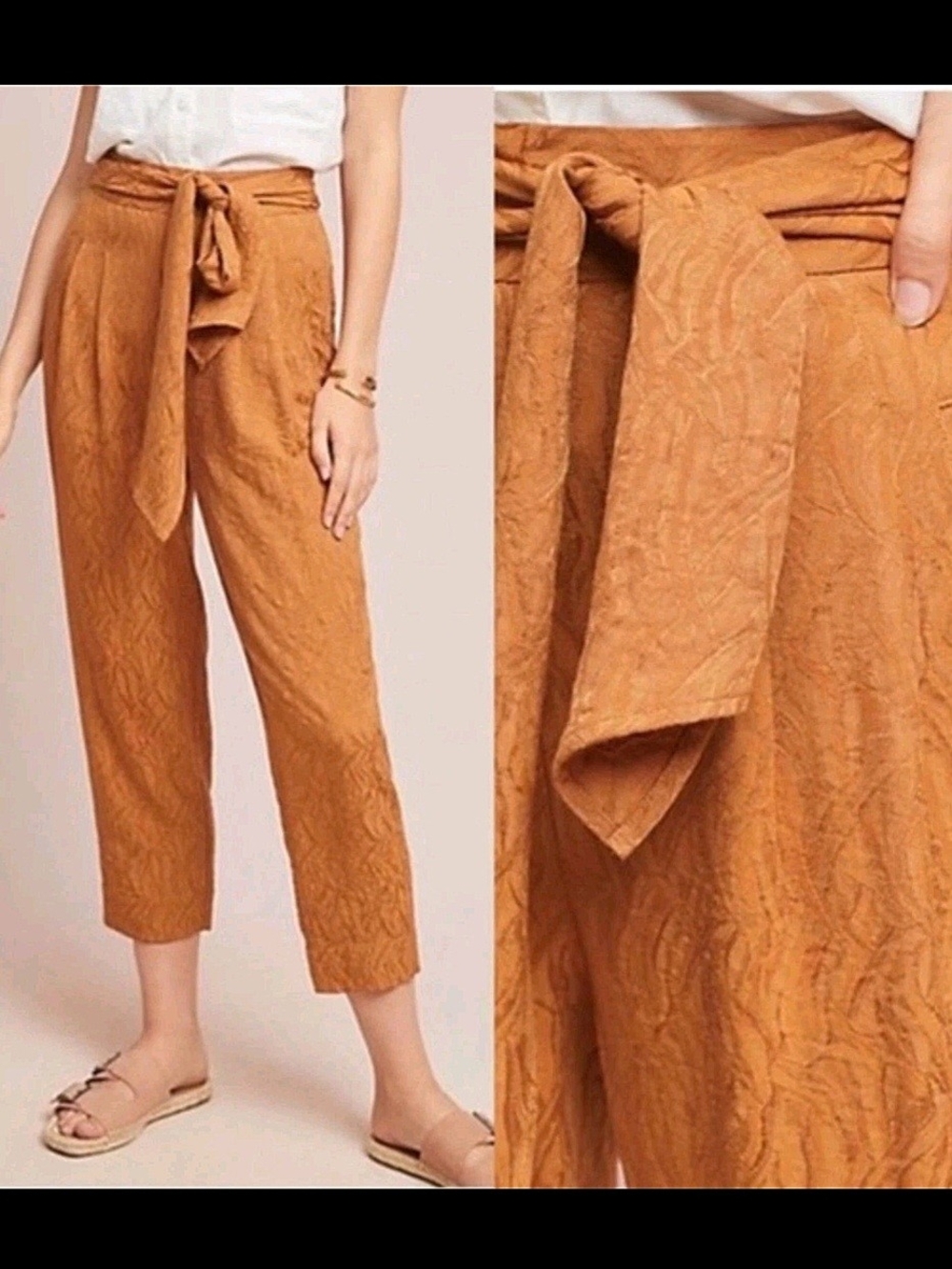 Anthropologie ett:twa Aubade Textured Gold Jacquard Tie-Waist Cropped Pants